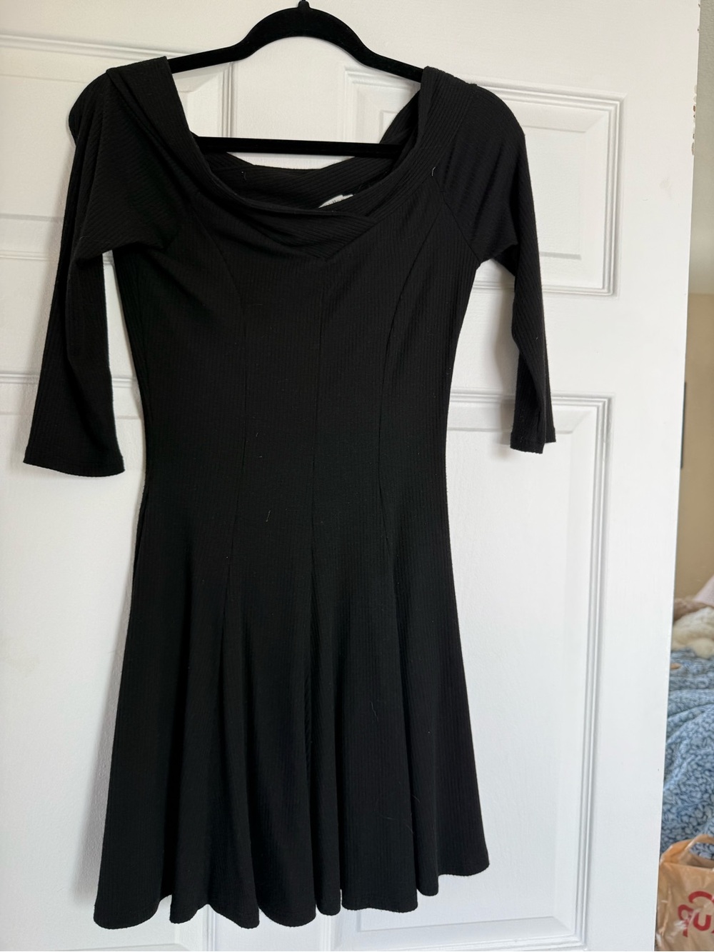 Black Ribbed Fit-and-Flare off the shoulder Dress